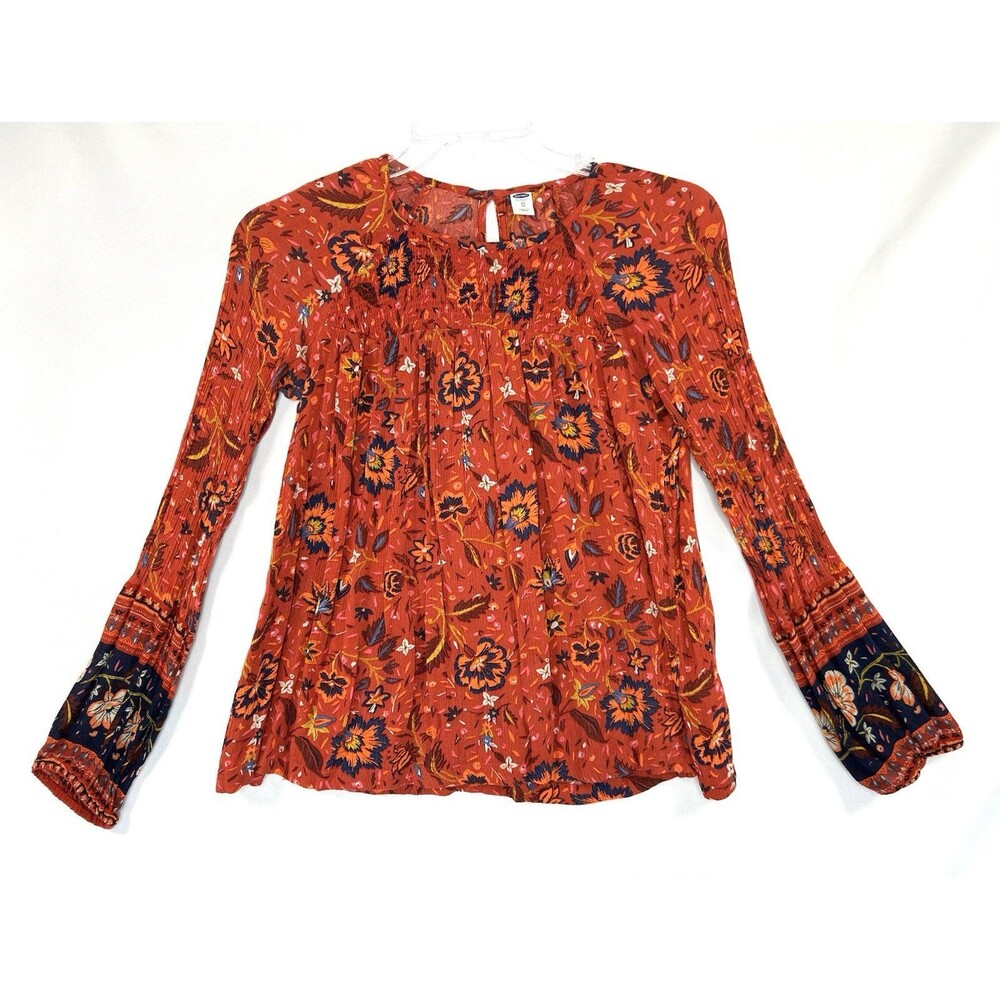 Old Navy Y2K Babydoll Smocked Top Women's Floral Long Sleeve Blouse Sz XS Boho